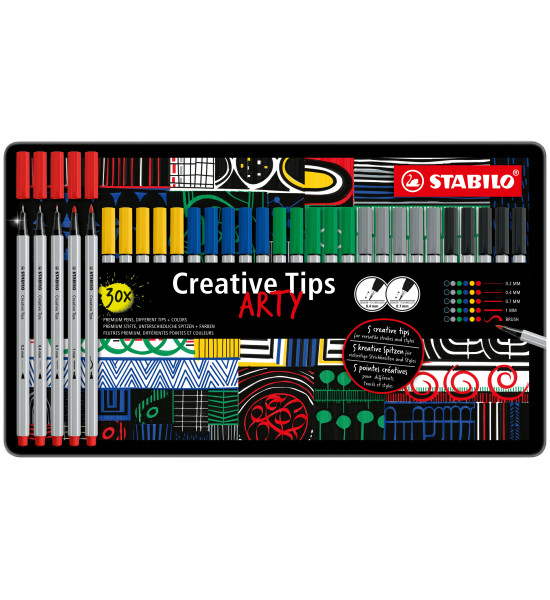 Set de Micropuntas y Marcadores, ARTY Creative Tips, Caja Met x 30 Unds. Puntas: 0.2 mm, 0.4 mm, 0.7mm, 1.0 mm, Pincel. 6 Distintos Colores.